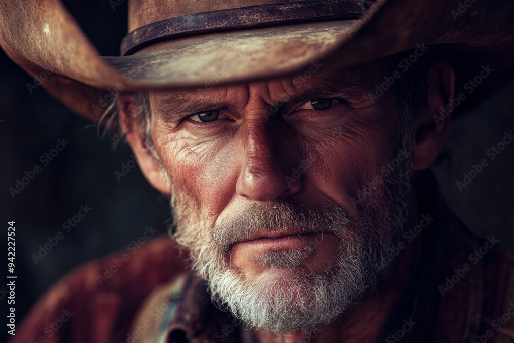 A rugged western farmer gazes thoughtfully, donning a wide-brimmed hat in a rustic setting during golden hour A rugged western farmer gazes thoughtfully, donning a wide-brimmed hat in a rustic setting during golden hour