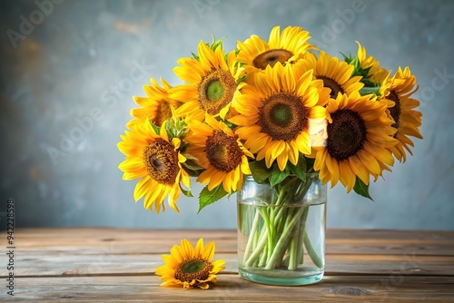 Realistic illustration of yellow flowers sunflowers bouquet in a glass vase, 3d composition. Copy space