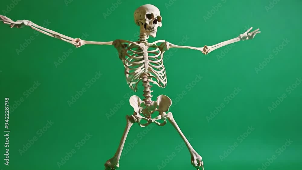 Skeleton Model Posing Against Green Background in Studio Lighting Skeleton Model Posing Against Green Background in Studio Lighting