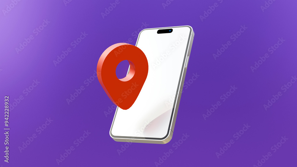 GPS and navigation symbol and blank screen smartphone on purple background. Map pin icon on blank screen phone. Mobile gps navigation concept. Pin pointer gps with smartphone white screen.