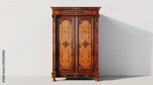 Ornate wooden cabinet with intricate carvings and a white background. photo