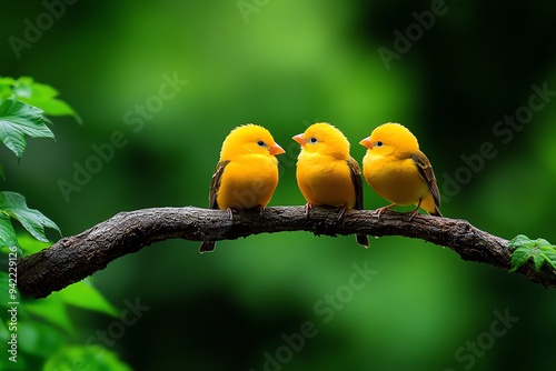 Beautiful birds resting on a branch in a tranquil forest captured in a photo, with a focus on peacefulness and natural beauty photo