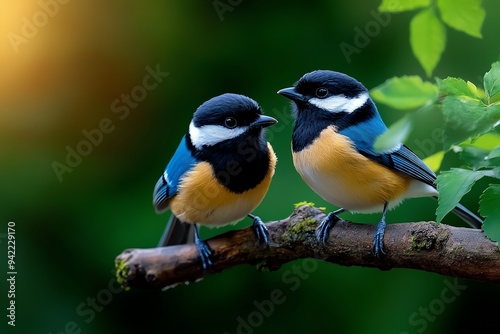 Beautiful birds resting on a branch in a tranquil forest captured in a photo, with a focus on peacefulness and natural beauty