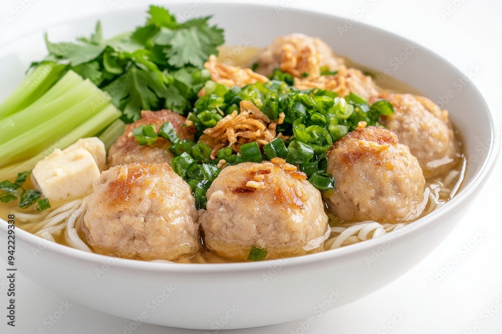 Chicken Meatballs, Made from ground chicken, this lighter version of bakso is served similarly in a flavorful broth with noodles, tofu, and vegetables, and garnished, isolated on white background Chicken Meatballs, Made from ground chicken, this lighter version of bakso is served similarly in a flavorful broth with noodles, tofu, and vegetables, and garnished, isolated on white background