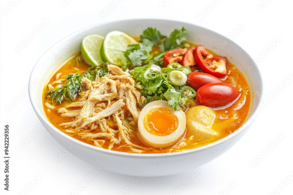Chicken Soup, A popular Indonesian chicken soup, often featuring turmeric which gives it a yellow color. isolated on white background Chicken Soup, A popular Indonesian chicken soup, often featuring turmeric which gives it a yellow color. isolated on white background