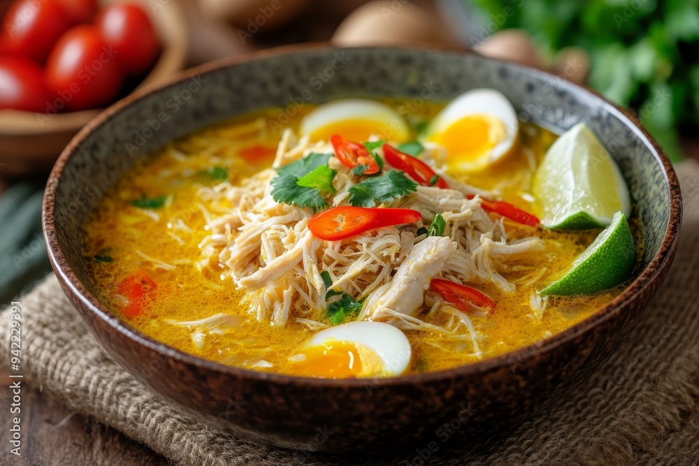 Chicken Soup, A popular Indonesian chicken soup, often featuring turmeric which gives it a yellow color Chicken Soup, A popular Indonesian chicken soup, often featuring turmeric which gives it a yellow color