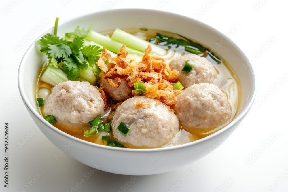 Fish Meatballs, Made from ground chicken, this lighter version of bakso is served similarly in a flavorful broth with noodles, tofu, and vegetables, isolated on white background Fish Meatballs, Made from ground chicken, this lighter version of bakso is served similarly in a flavorful broth with noodles, tofu, and vegetables, isolated on white background