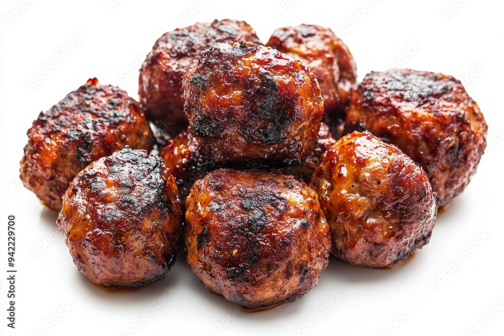 Grilled Meatballs, This version involves grilling the meatballs after boiling them, giving them a smoky flavor. isolated on white background Grilled Meatballs, This version involves grilling the meatballs after boiling them, giving them a smoky flavor. isolated on white background