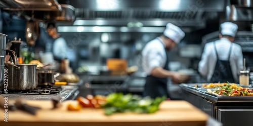 In a lively restaurant kitchen, skilled chefs prepare mouthwatering dishes using specialized equipment and fresh ingredients, all in an energetic atmosphere filled with culinary creativity