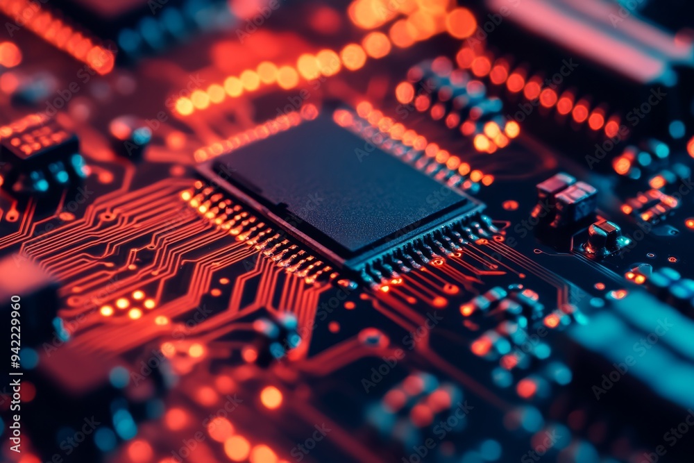 This is a detailed and closeup view of the intricate circuitry found within a microchip, showcasing the sophisticated design and advanced modern electronics technology that powers our devices This is a detailed and closeup view of the intricate circuitry found within a microchip, showcasing the sophisticated design and advanced modern electronics technology that powers our devices