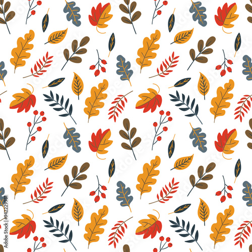 Vector seamless pattern with autumn leaves on white background.