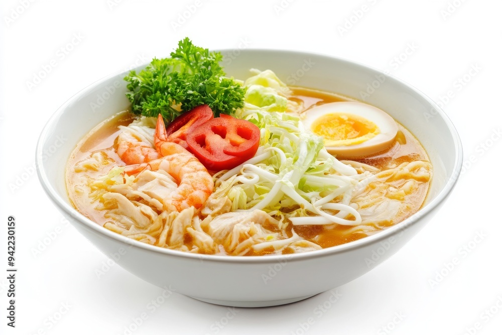 Lamongan Soup, A variant from East Java, made with shredded chicken, cabbage, vermicelli, and boiled eggs, in a clear and fragrant broth. isolated on white background Lamongan Soup, A variant from East Java, made with shredded chicken, cabbage, vermicelli, and boiled eggs, in a clear and fragrant broth. isolated on white background
