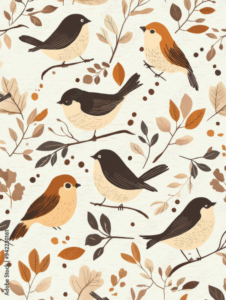 A colorful, illustrated pattern features autumn leaves and British birds on a cream background. nature-inspired designs. A colorful, illustrated pattern features autumn leaves and British birds on a cream background. nature-inspired designs.