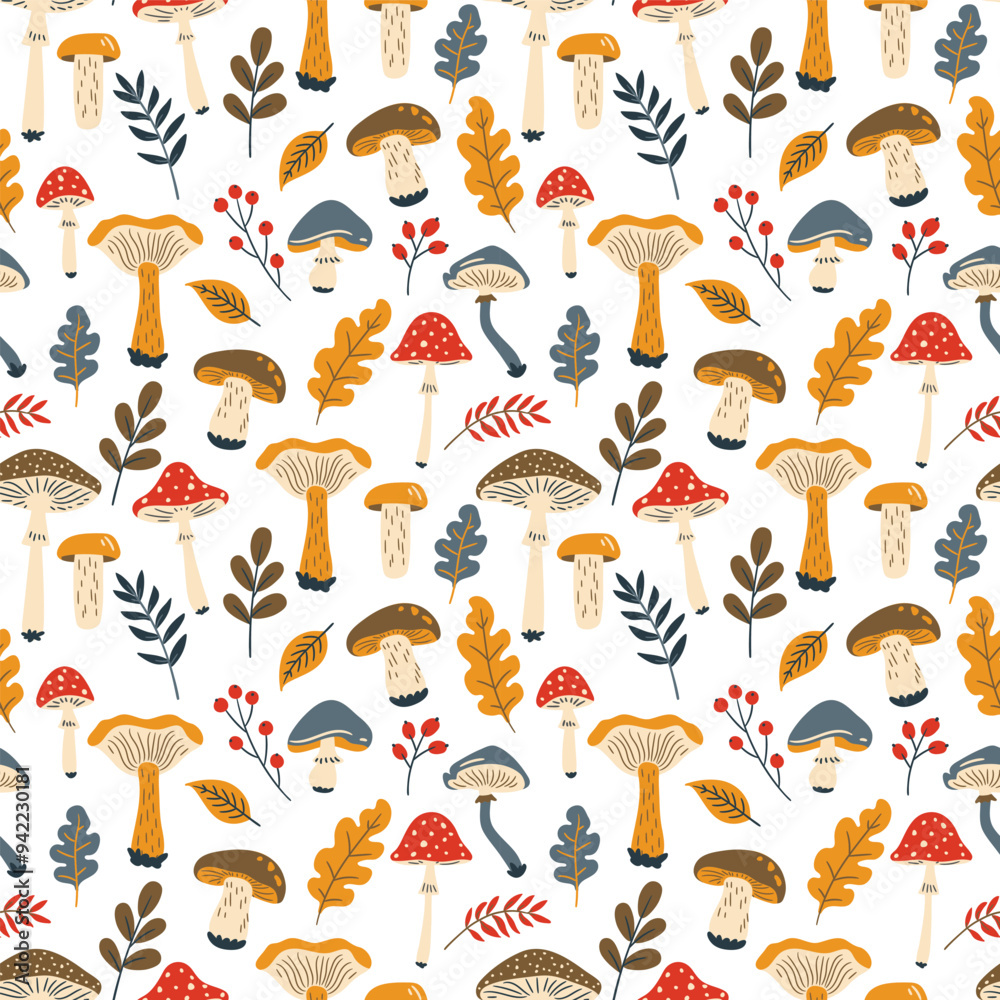 Fototapeta premium autumn seamless pattern with mushrooms, leaves and berries. Vector illustration in doodle style, flat style
