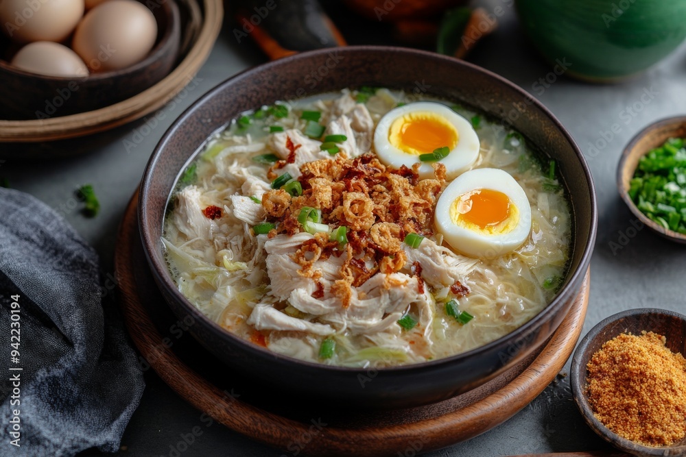 Lamongan Soup, A variant from East Java, made with shredded chicken, cabbage, vermicelli, and boiled eggs, in a clear and fragrant broth. Lamongan Soup, A variant from East Java, made with shredded chicken, cabbage, vermicelli, and boiled eggs, in a clear and fragrant broth.
