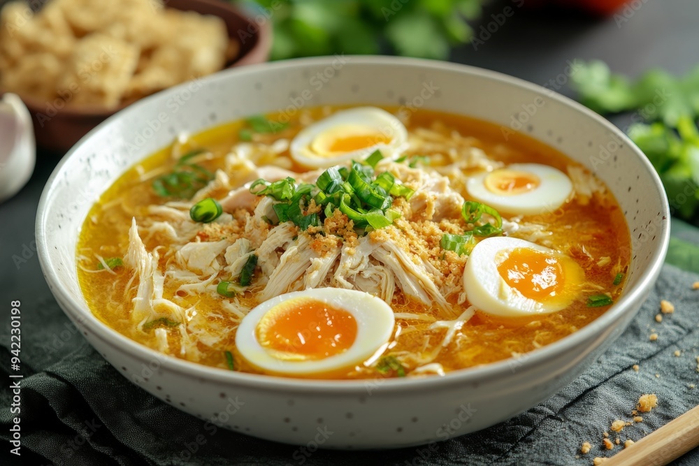 Lamongan Soup, A variant from East Java, made with shredded chicken, cabbage, vermicelli, and boiled eggs, in a clear and fragrant broth. Lamongan Soup, A variant from East Java, made with shredded chicken, cabbage, vermicelli, and boiled eggs, in a clear and fragrant broth.