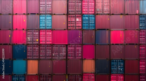 A vibrant arrangement of shipping containers stacked in various colors. photo