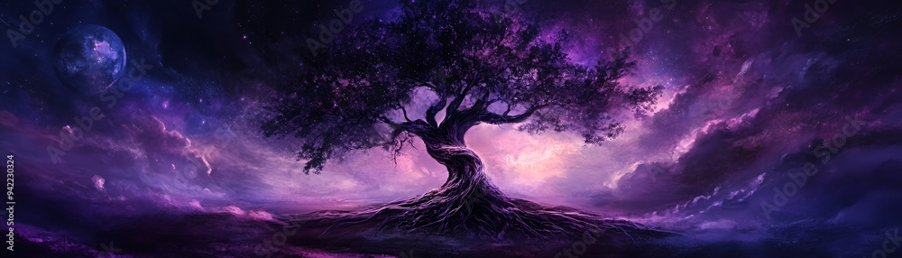 A mystical tree under a cosmic sky, blending nature with a celestial atmosphere. A mystical tree under a cosmic sky, blending nature with a celestial atmosphere.