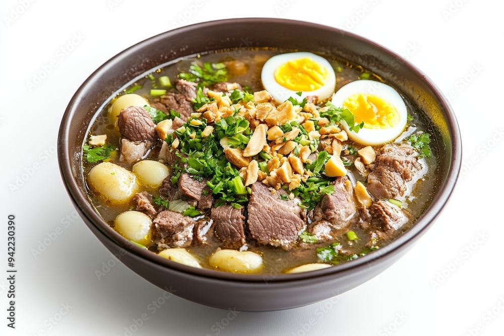 Madura Soup, From Madura Island, this soto features a clear broth with beef or chicken. isolated on white background Madura Soup, From Madura Island, this soto features a clear broth with beef or chicken. isolated on white background