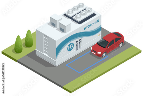 Isometric Hydrogen fuel powered transport. Hydrogen fuel car charging station with dispensers for H2 vehicles. Green energy