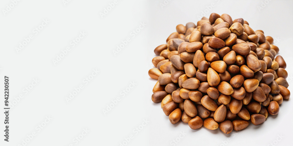 A pile of pine nuts with their smooth, brownish shells. The nuts are arranged in a similar manner to the other seeds, with a plain background to keep the focus on the nuts A pile of pine nuts with their smooth, brownish shells. The nuts are arranged in a similar manner to the other seeds, with a plain background to keep the focus on the nuts