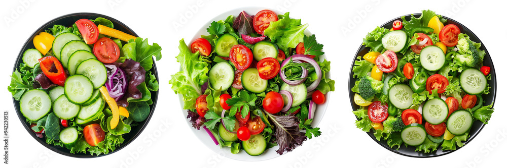 Set of A vibrant green salad with various fresh vegetables isolated on transparent background
