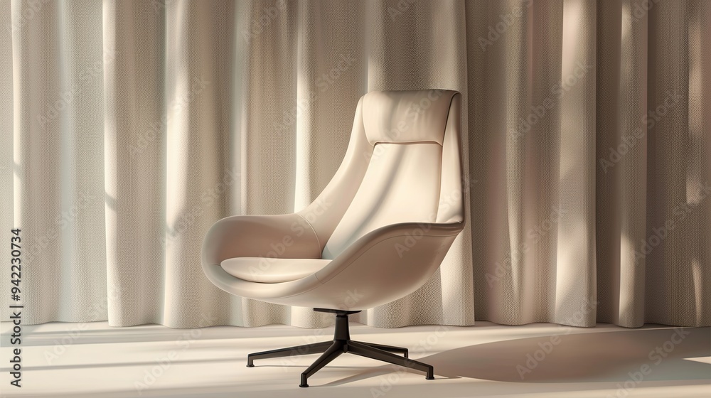 Fototapeta premium Modern cream armchair with black legs in a white room with drapes.