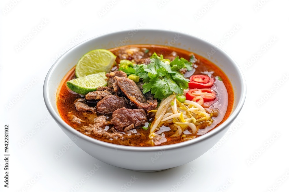 Padang Soup, A spicy beef soup from West Sumatra, featuring crispy fried beef slices, vermicelli noodles, and a rich, aromatic broth. isolated on white background Padang Soup, A spicy beef soup from West Sumatra, featuring crispy fried beef slices, vermicelli noodles, and a rich, aromatic broth. isolated on white background