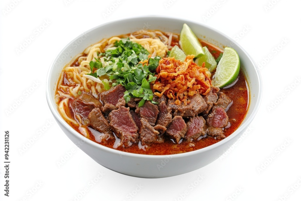 Padang Soup, A spicy beef soup from West Sumatra, featuring crispy fried beef slices, vermicelli noodles, and a rich, aromatic broth. isolated on white background Padang Soup, A spicy beef soup from West Sumatra, featuring crispy fried beef slices, vermicelli noodles, and a rich, aromatic broth. isolated on white background