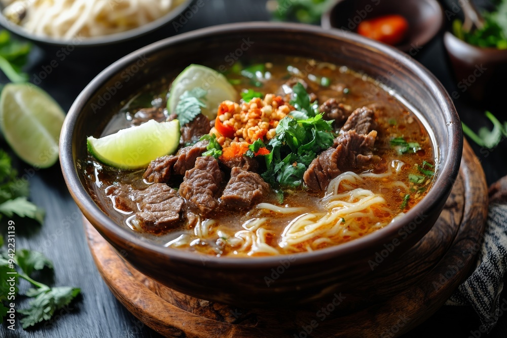 Padang Soup, A spicy beef soup from West Sumatra, featuring crispy fried beef slices, vermicelli noodles, and a rich, aromatic broth.