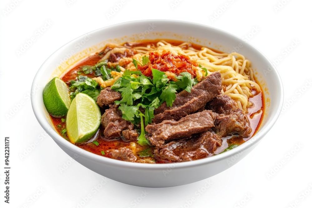 Padang Soup, A spicy beef soup from West Sumatra, featuring crispy fried beef slices, vermicelli noodles, and a rich, aromatic broth. isolated on white background Padang Soup, A spicy beef soup from West Sumatra, featuring crispy fried beef slices, vermicelli noodles, and a rich, aromatic broth. isolated on white background