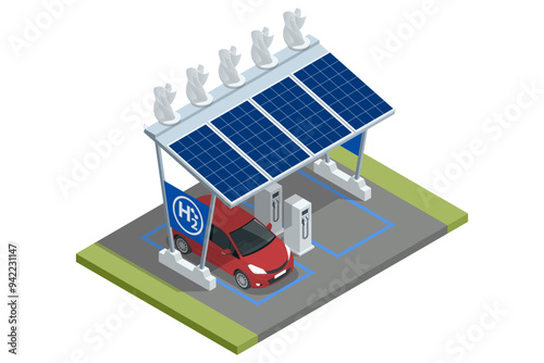 Isometric Hydrogen fuel powered transport. Hydrogen fuel car charging station with dispensers for H2 vehicles. Green energy