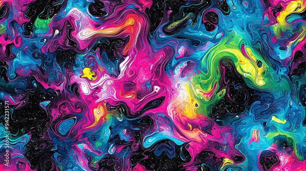 Close-up of a colorful background against black, featuring yellow, pink, blue, and green swirls Close-up of a colorful background against black, featuring yellow, pink, blue, and green swirls