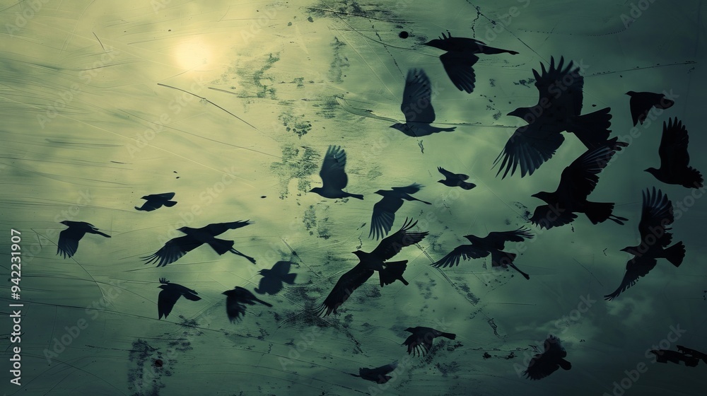 silhouette of flock of birds on sky silhouette of flock of birds on sky