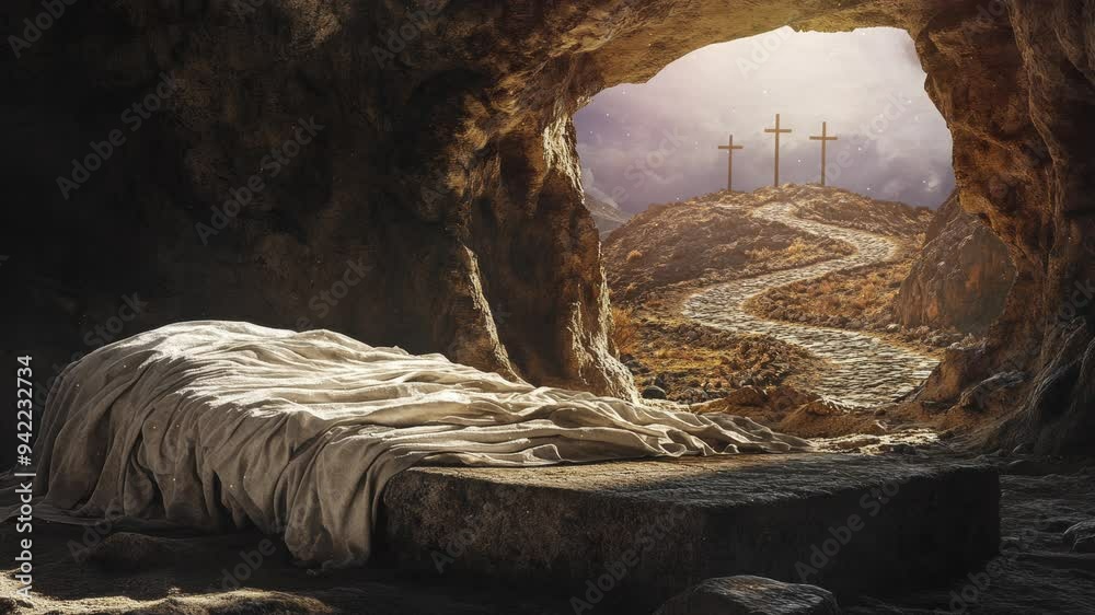  The Empty Tomb of Jesus, Overlooking the Hill of Golgotha Where the Crosses Stand, a Solemn Reflection of the Crucifixion and Resurrection