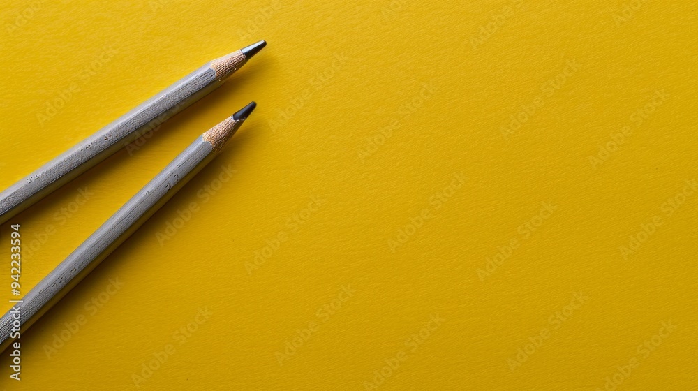 two gray pencils on yellow surface two gray pencils on yellow surface