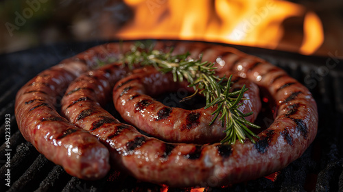 African Buerewors twisted sausages raw , on grill with fire