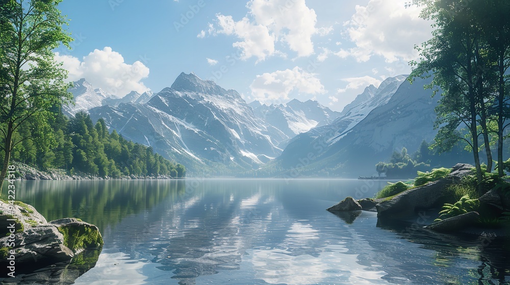 Naklejka premium Mountain Stream Flowing Through a Lush Valley on a Sunny Day