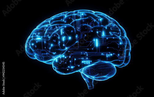 Futuristic digital representation of a brain with glowing neural network connections, symbolizing artificial intelligence, technology, and complex data systems.