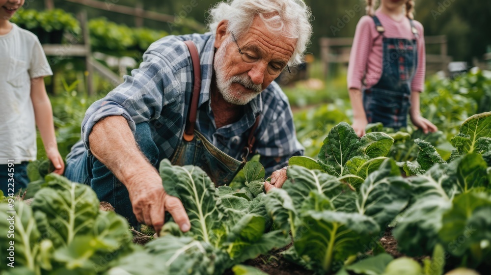 Fototapeta premium A gentle scene of elderly man caring for kids in a lush green environment