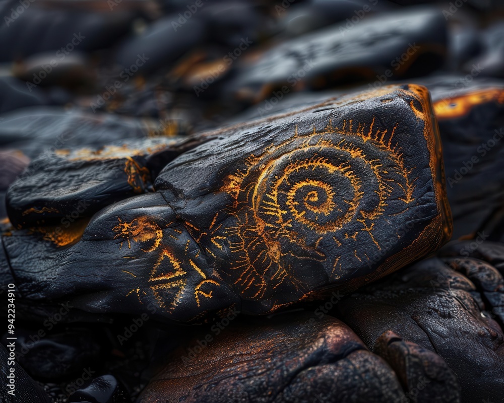 Petroglyphs on ancient rocks, Fantasy, Earthy, Watercolor, Emphasizing historical symbols