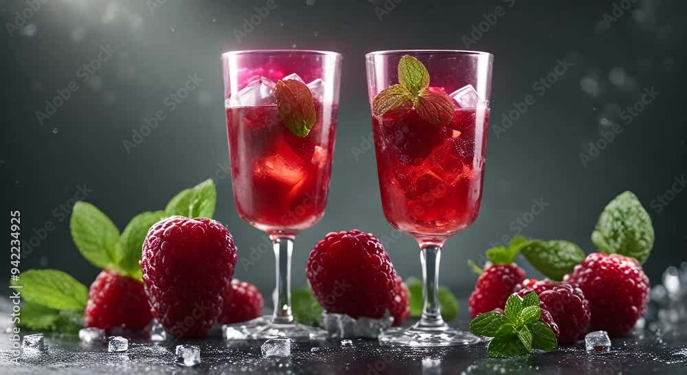 Refreshing red fruit drink with mint and ice cubes on dark wet surface 4k animation Refreshing red fruit drink with mint and ice cubes on dark wet surface 4k animation