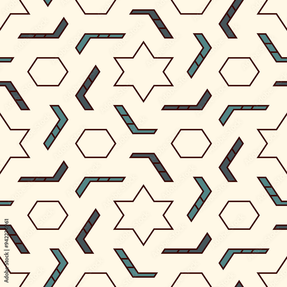 Oriental ancient mosaic seamless pattern. Arabesque ornament. Repeated geometric figures, hexagon, star motif surface print. Ornamental wallpaper. Geo design digital paper. Vector abstract background Oriental ancient mosaic seamless pattern. Arabesque ornament. Repeated geometric figures, hexagon, star motif surface print. Ornamental wallpaper. Geo design digital paper. Vector abstract background