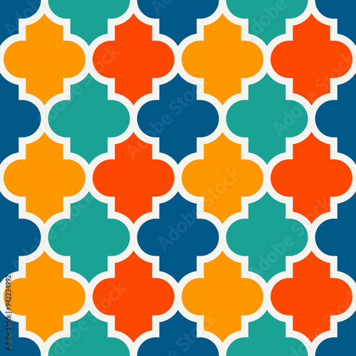 Seamless surface design with ogee ornament. Oriental traditional pattern with repeated mosaic tile. Tracery window wallpaper. Lantern shapes motif. Arabesque digital paper, textile print. Vector art