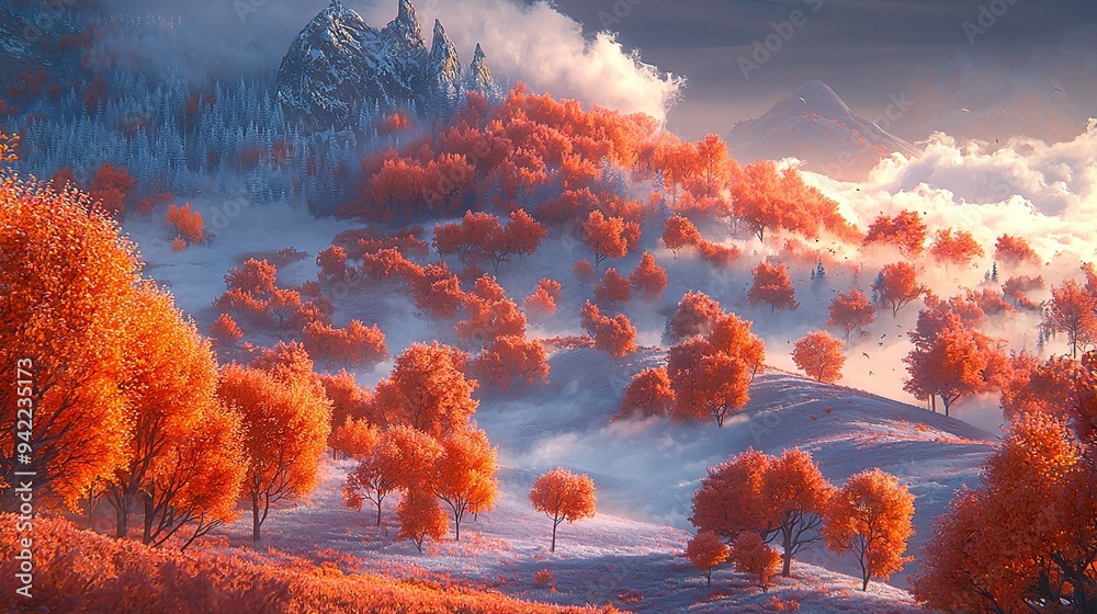 A painting of a snow-covered mountain with trees in the foreground and clouds in the background A painting of a snow-covered mountain with trees in the foreground and clouds in the background