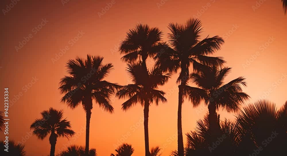 Two palm trees silhouetted against bright warm orange sky 4k animation Two palm trees silhouetted against bright warm orange sky 4k animation