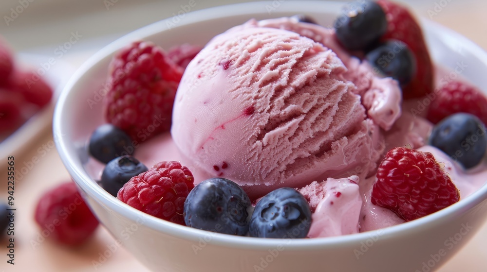 pink ice cream with red and blue berries on top pink ice cream with red and blue berries on top