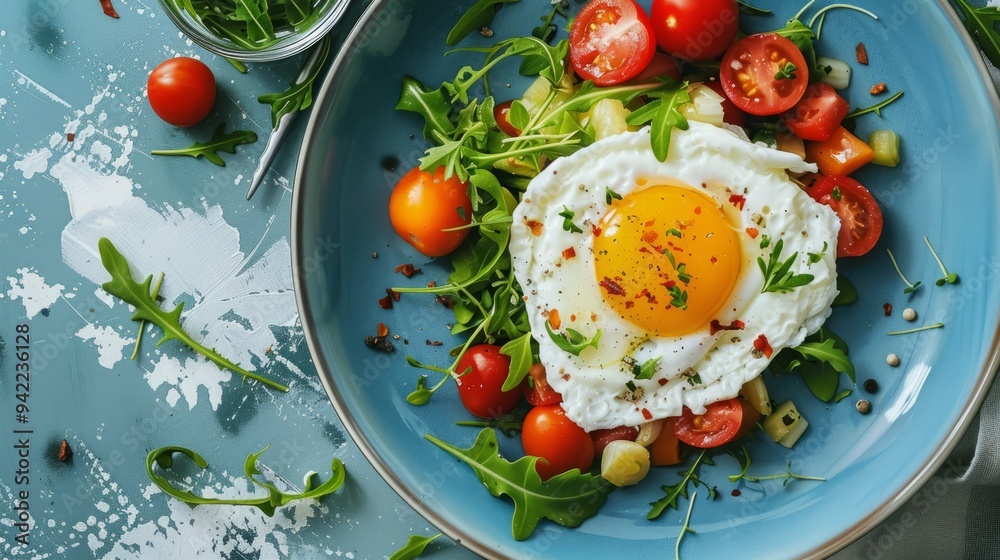 poached egg with vegetables and tomatoes on blue plate poached egg with vegetables and tomatoes on blue plate