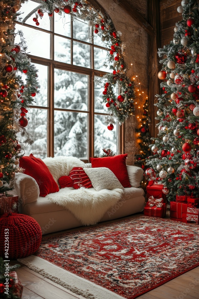 Cozy Christmas living room adorned with a tree and a warmly lit fireplace in winter Cozy Christmas living room adorned with a tree and a warmly lit fireplace in winter