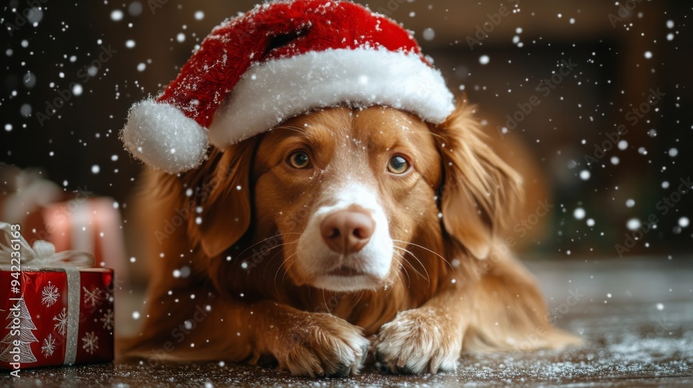 Festive dog wearing a Santa hat surrounded by Christmas gifts and falling snowflakes Festive dog wearing a Santa hat surrounded by Christmas gifts and falling snowflakes
